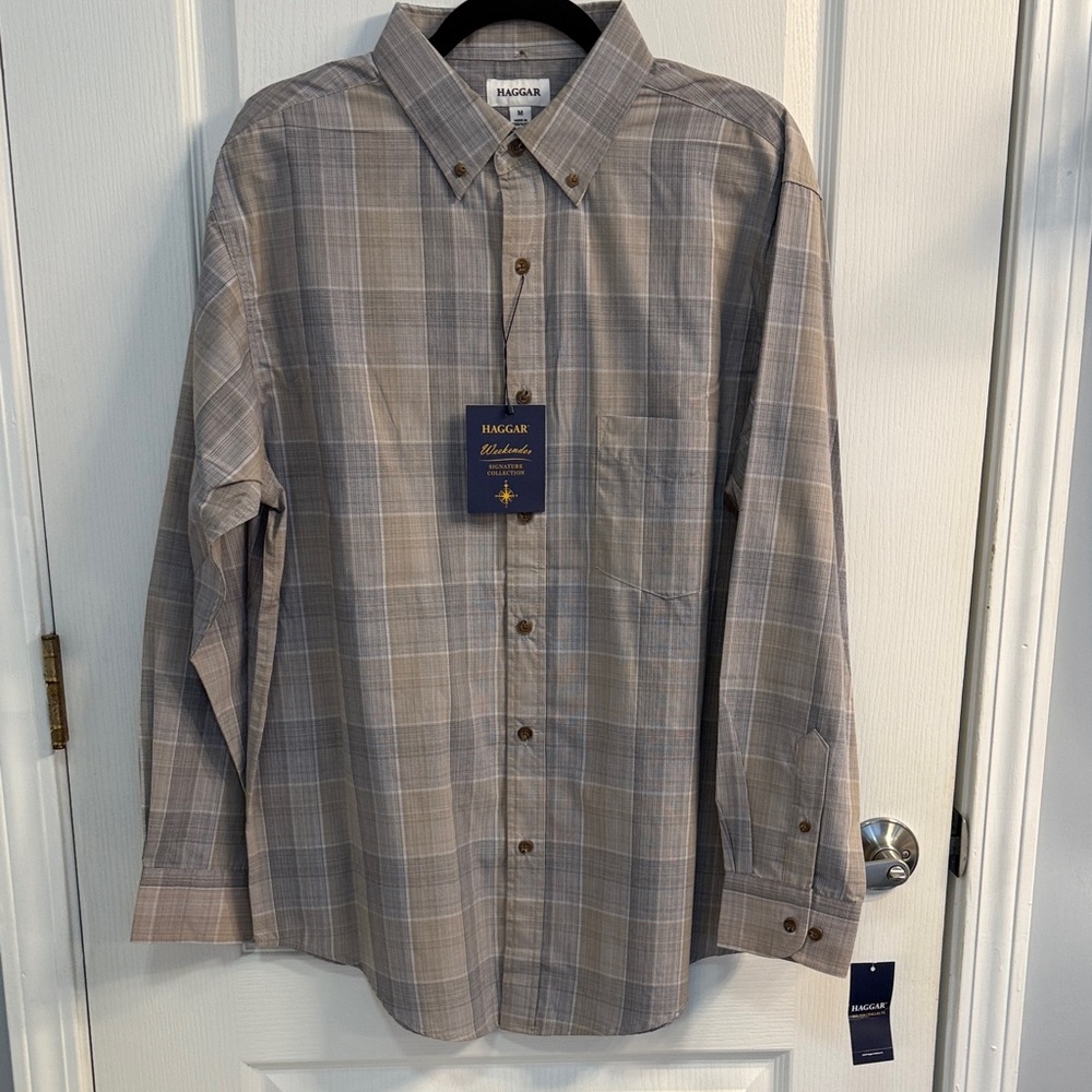 NWT Haggar Men's Tan and Gray Checkered Button-Down Shirt